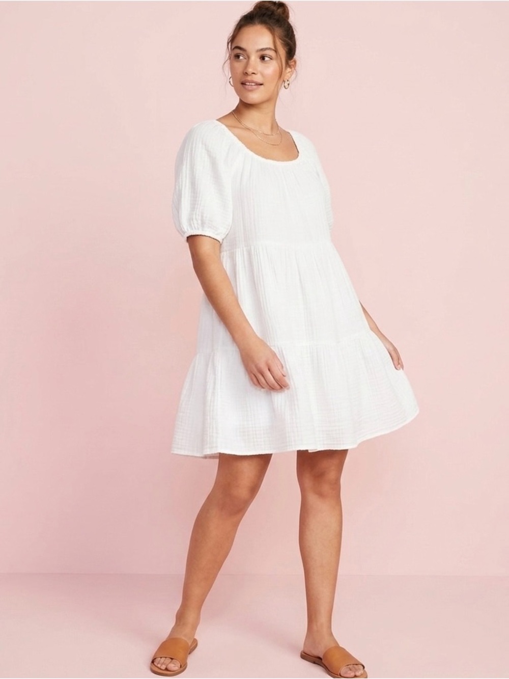 100% Cotton Puff-Sleeve Tiered Mini Swing Dress